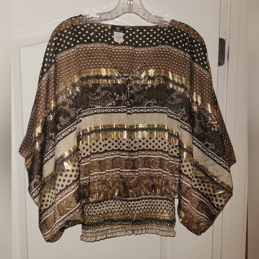 NWOT Women's Brown & Gold Multi Patterened Shirt with Elastic Waist